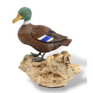 Hard Stone Duck On Rock With Fossil Shells - Switzerland - 20th Century